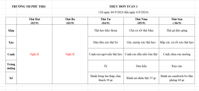 Thực đơn tuần 01 (Từ ngày 04/9/2024 đến ngày 6/9/2024)