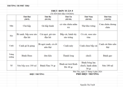 THỰC ĐƠN TUẦN  5 (Từ 30/9/2024 đến 04/10/2024)
