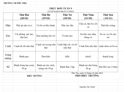 Thực đơn tuần 10 (Từ ngày 04/11/2024 đến 08/11/2024)