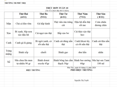 Thực đơn tuần 10 (Từ ngày 04/11/2024 đến 08/11/2024)