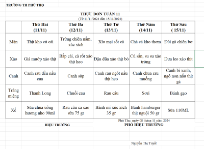 Thực đơn tuần 11 (Từ ngày 11/11/2024 đến 15/11/2024)