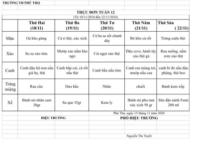 Thực đơn tuần 12 (Từ ngày 18/11/2024 đến 22/11/2024)