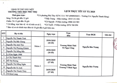 Lịch trực Tết trường tiểu học Phú Thọ Tết Ất Tỵ năm 2025