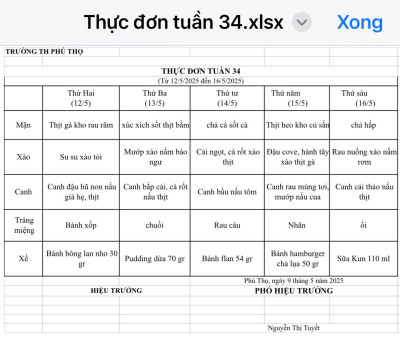 THỰC ĐƠN TUẦN 34 (Từ 12/5/2025 đến 16/5/2025)