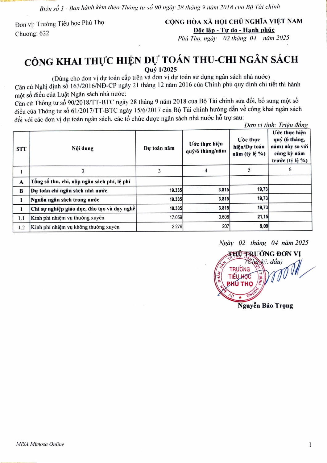 QUYET ĐINH CONG KHAI THUC HIEN DU TOAN THU CHI QUI 1 2025 hình ảnh 1