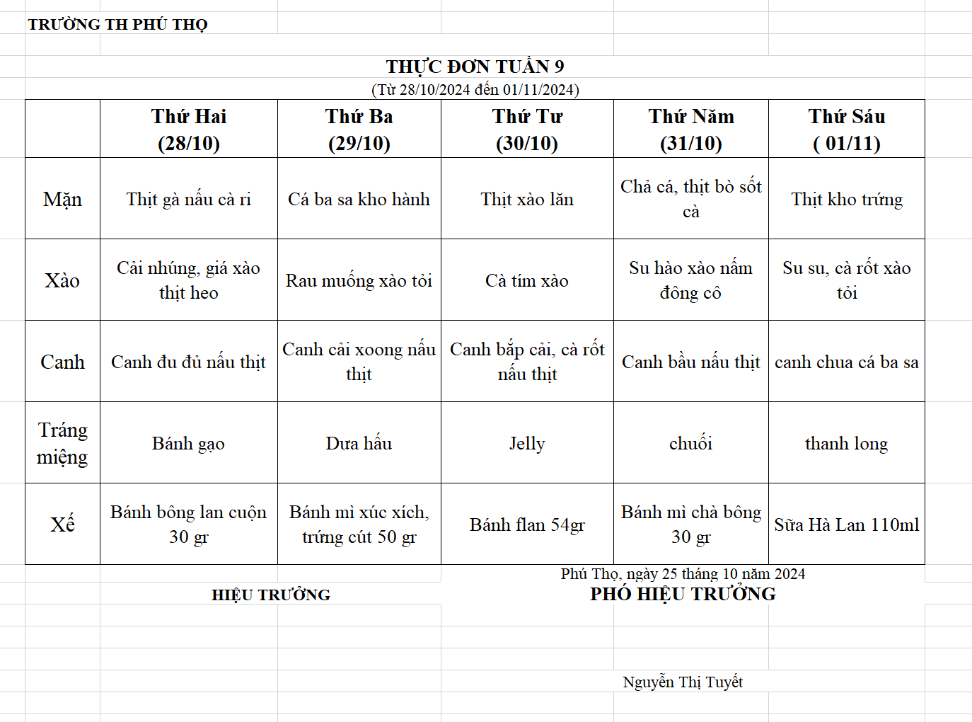 Thực đơn tuần 9 (Từ ngày 28/10/2024 đến 01/11/2024)