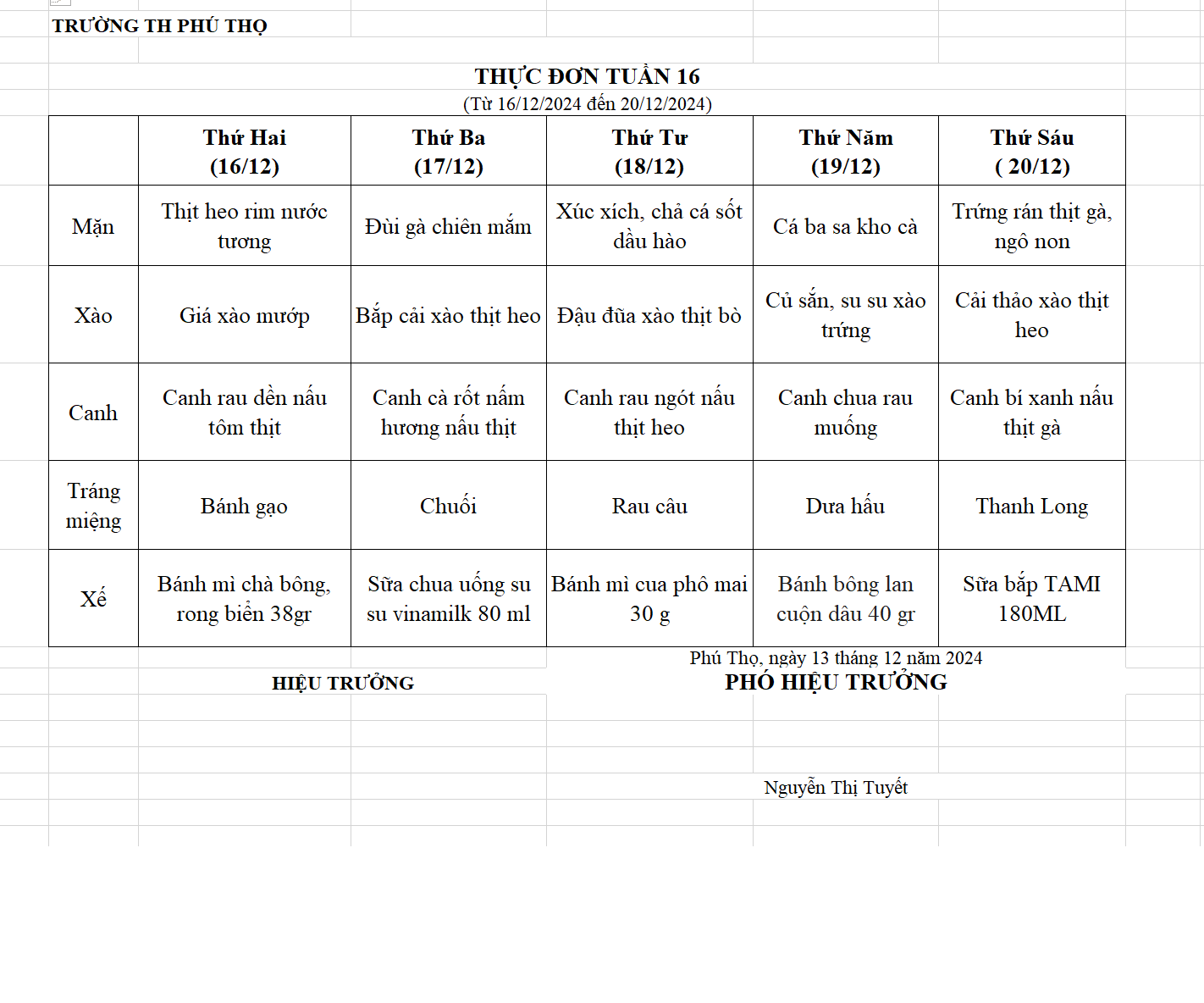 THỰC ĐƠN TUẦN 16 (Từ 16/12/2024 đến 20/12/2024)