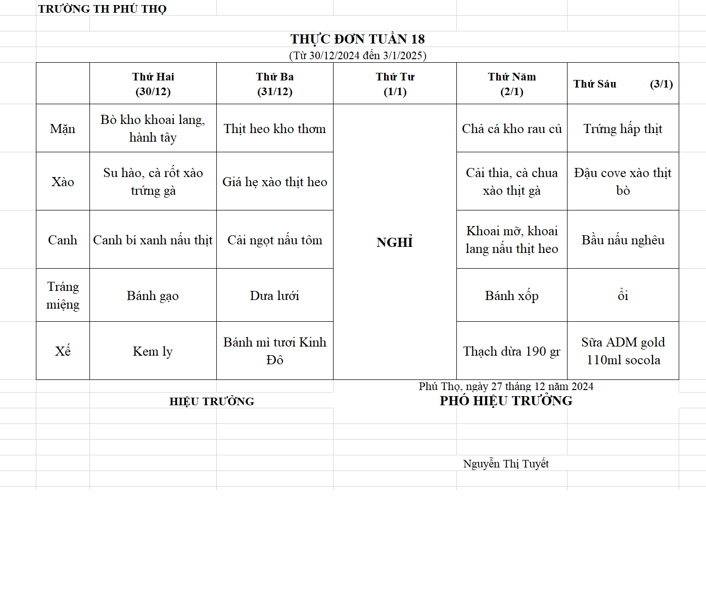 THỰC ĐƠN TUẦN 18 (Từ 30/12/2024 đến 03/01/2025)