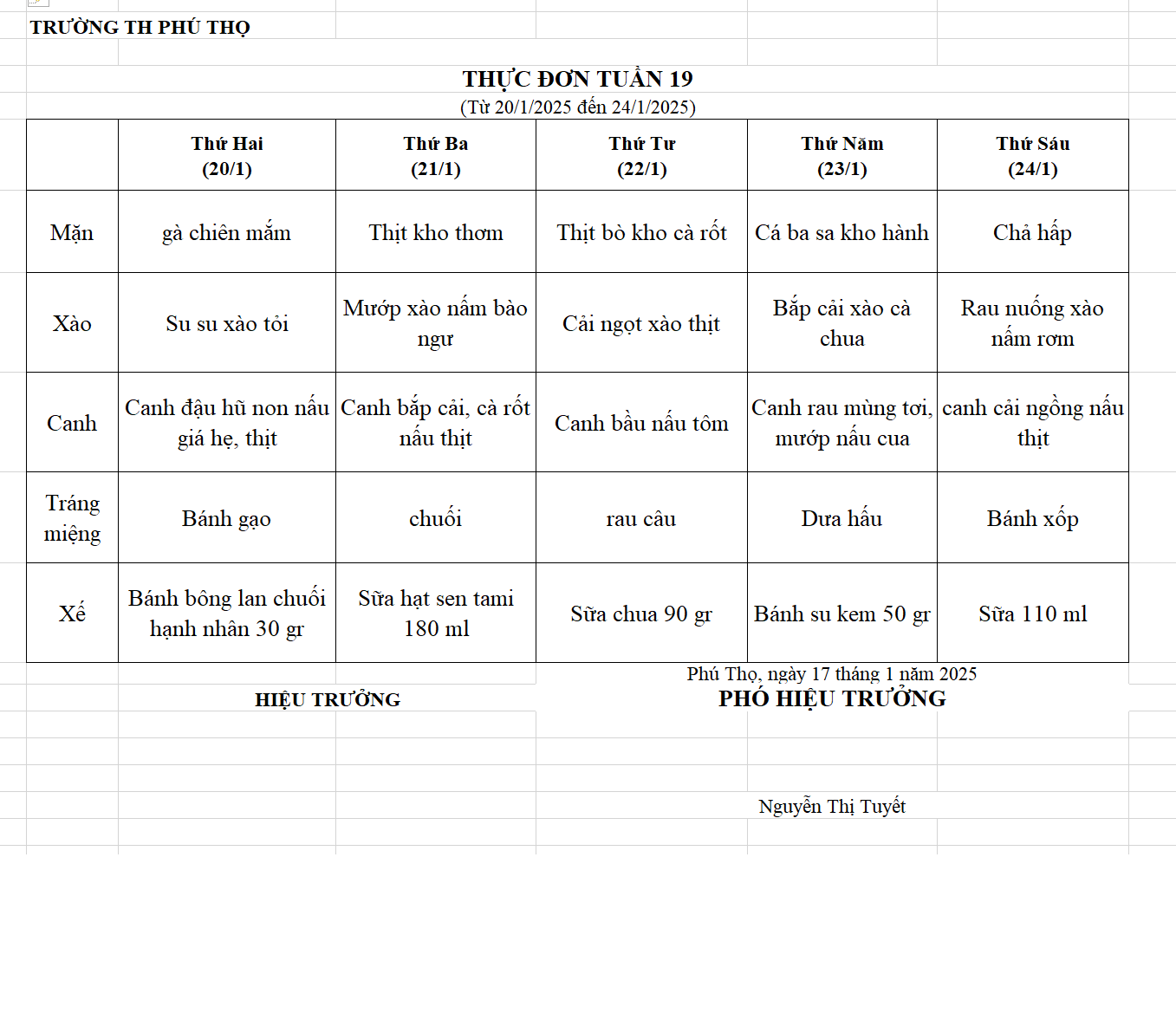 THỰC ĐƠN TUẦN 19 (Từ 20/01/2025 đến 24/01/2025)