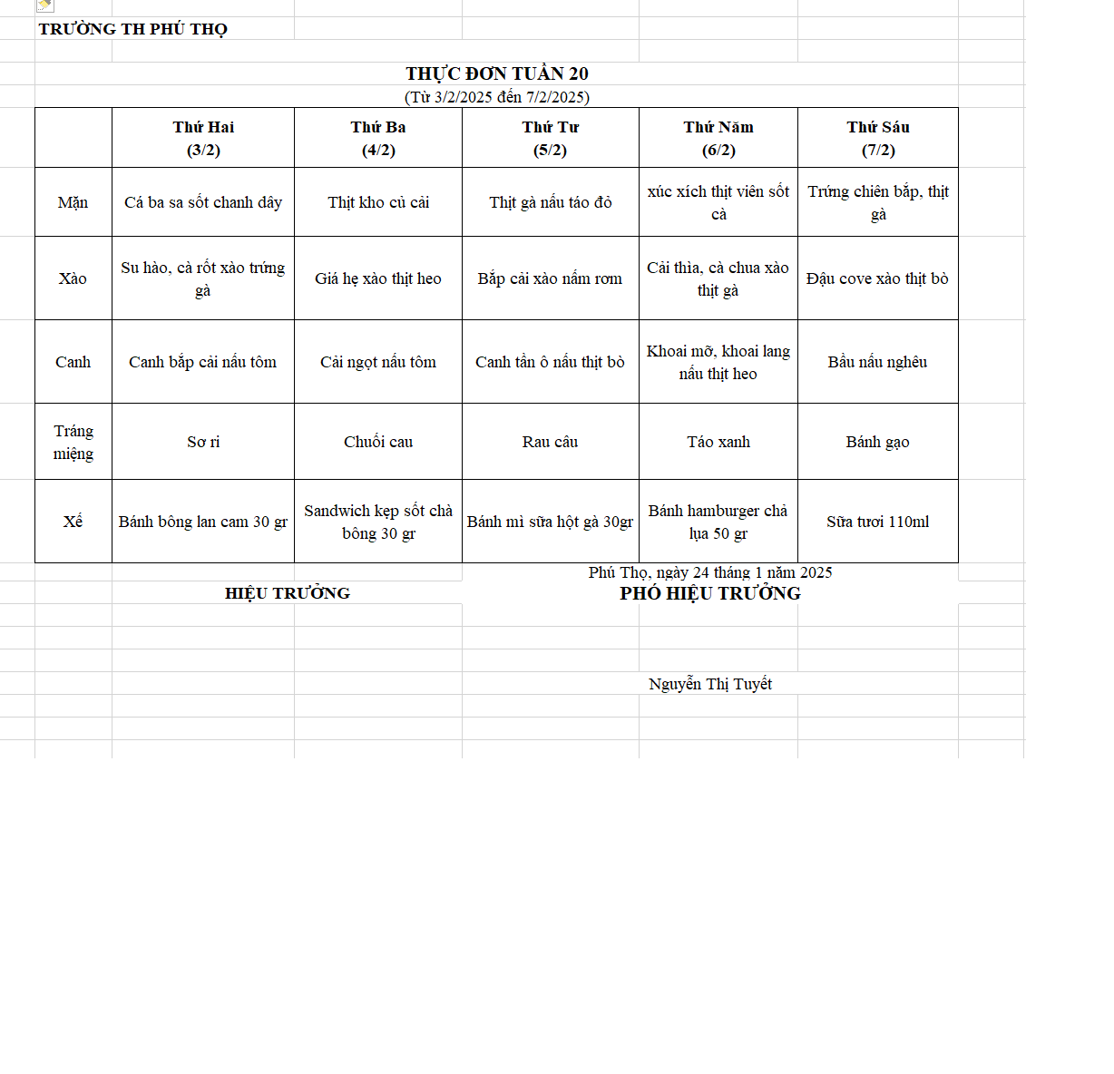 THỰC ĐƠN TUẦN 20 (Từ 03/02/2025 đến 07/02/2025)