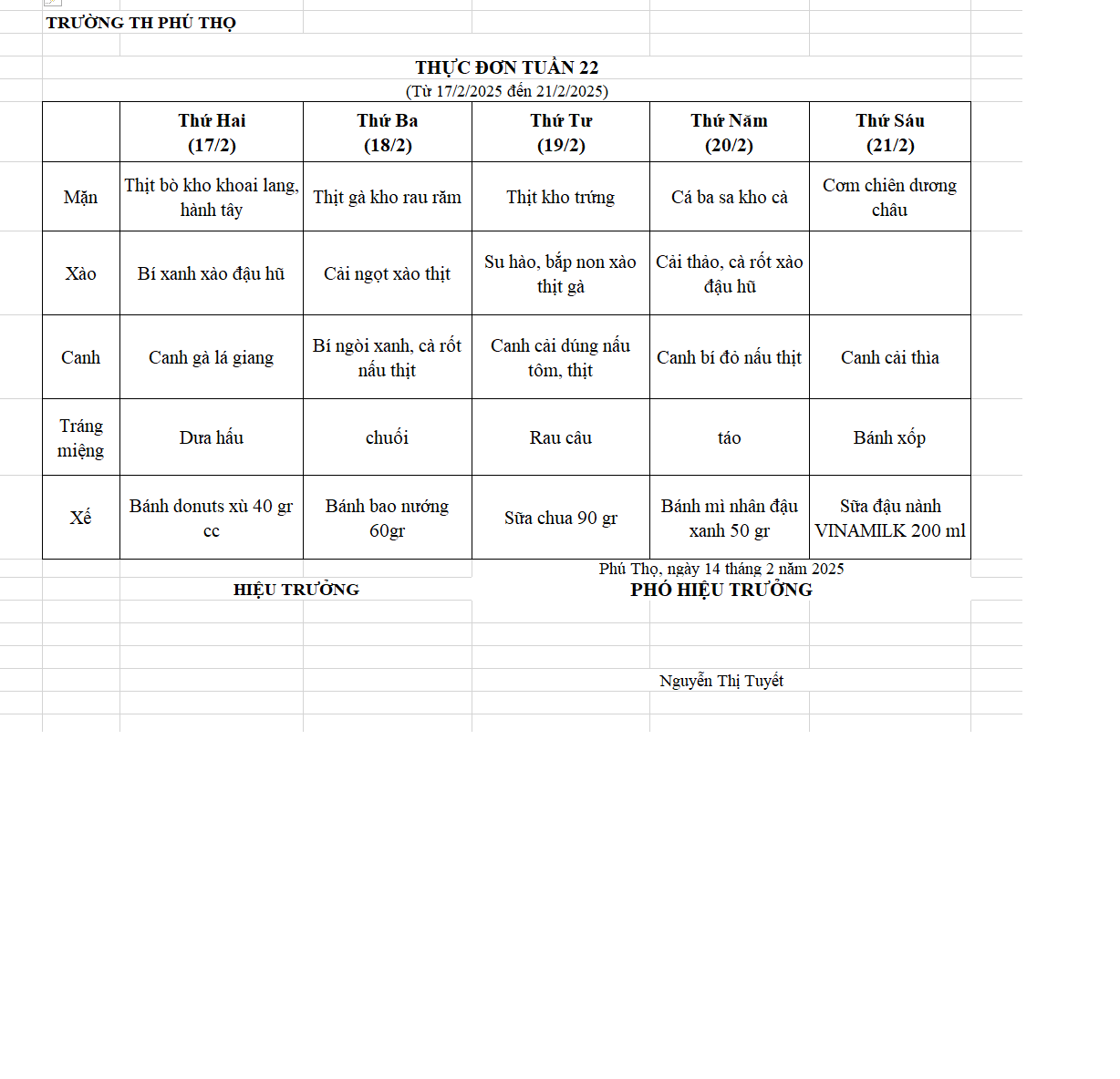 THỰC ĐƠN TUẦN 22 (Từ 17/02/2025 đến 21/02/2025)