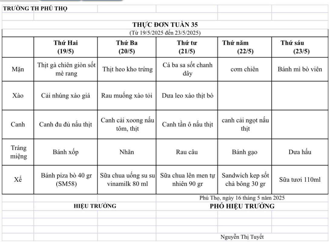 THỰC ĐƠN TUẦN 35 (Từ 19/5/2025 đến 23/5/2025)